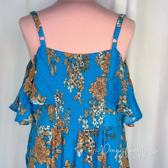 Torrid Plus Mini Gauze Cold Shoulder Skater Dress Blue Floral - Picture 11 of 11